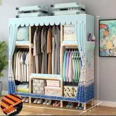 Tủ vải quần áo khung gỗ bọc chắc chắn tiện lợi loại 3 buồng, Màu xanh