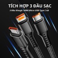 Cáp sạc 3 đầu sạc nhanh 100W dùng được cùng lúc nhiều thiết bị