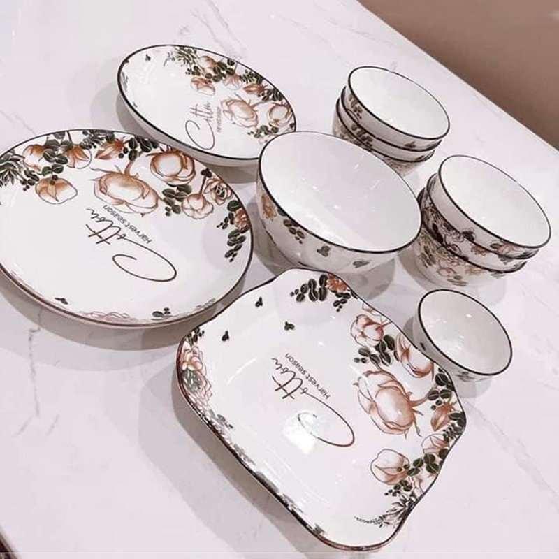Bộ bát tô chén đĩa hoạ tiết hoa hải đường sang trọng tráng men cao cấp