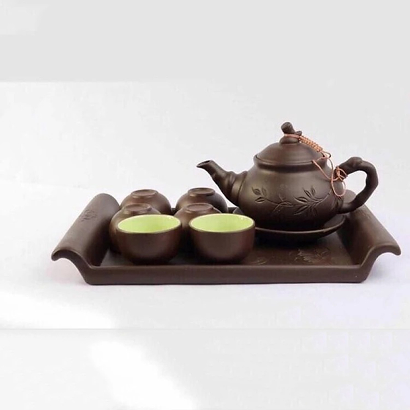 Bộ ấm chén khắc lá trúc chất liệu đất từ sa kèm khay chữ nhật