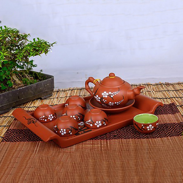 Bộ ấm chén từ sa hoạ tiết hoa đào Bát Tràng