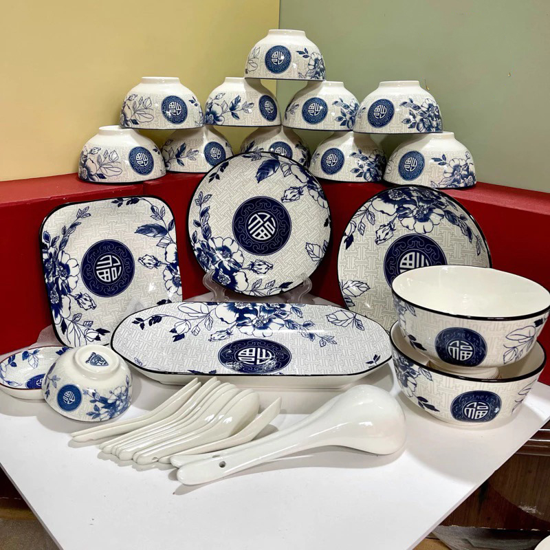 Set 30 món tô chén đĩa bát in hoa văn chữ Phúc 4D chất liệu gốm sứ cao cấp