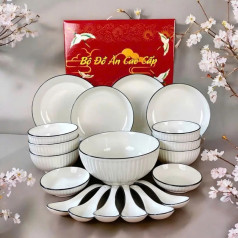 Bộ bát đĩa gốm sứ viền đen vân sọc 19 chi tiết kèm hộp quà