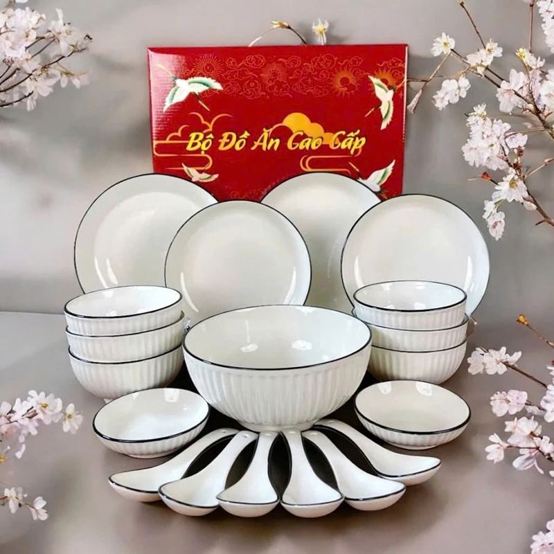 Bộ 19 món bát đĩa gốm sứ viền đen vân sọc kèm hộp quà cao cấp