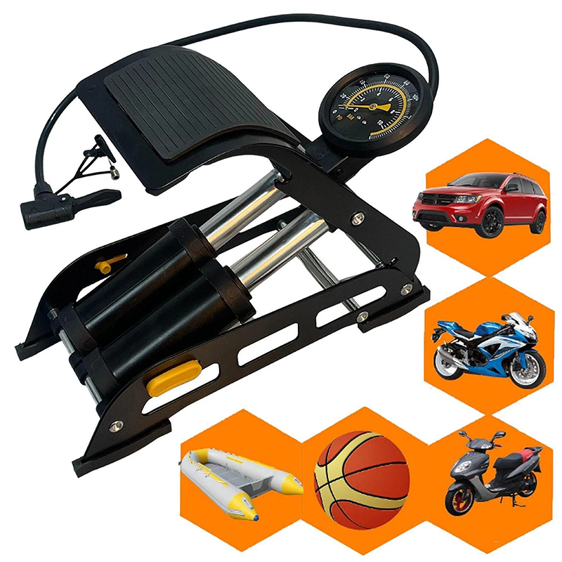 Bơm đạp chân 2 xilanh bơm ô tô, xe máy, xe đạp siêu khỏe có đồng hồ đo áp suất