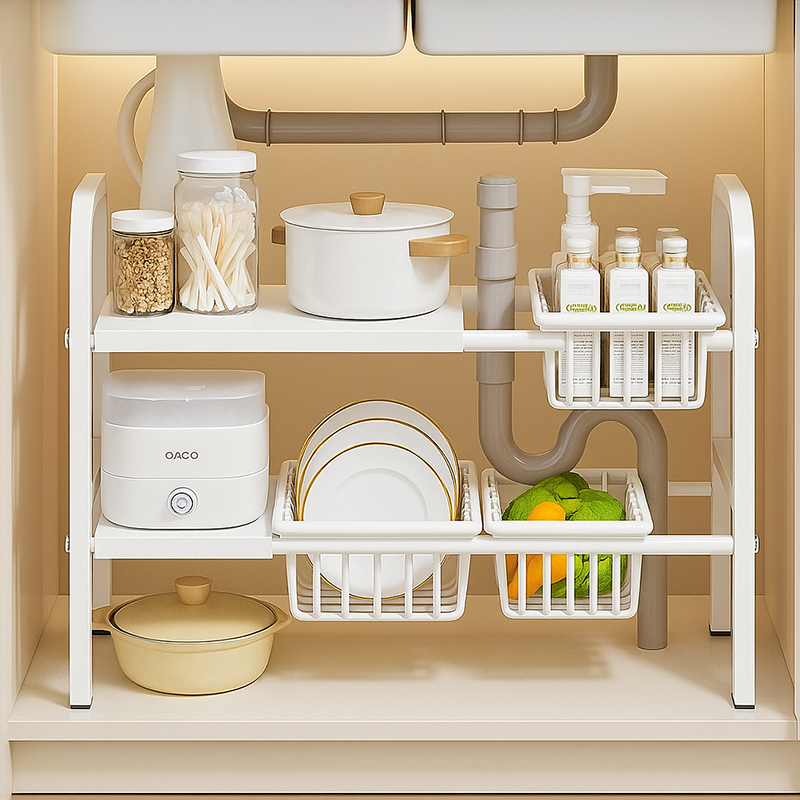 Kệ để đồ gầm bếp bồn rửa đa năng thép không gỉ có thể điều chỉnh kích thước tiện lợi