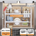 Kệ để đồ gầm bếp bồn rửa đa năng thép không gỉ có thể điều chỉnh kích thước tiện lợi, Kệ 2 tầng (3 bảng)+ 3 giỏ