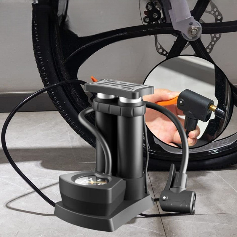 Bơm xe máy, xe đạp ống đôi có đồng hồ áp suất bơm nhanh, chính xác