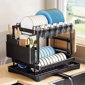 Giá úp bát đĩa, kệ đựng chén bát 2 tầng kèm khay hứng nước
