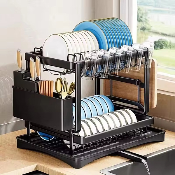 Giá úp bát đĩa, kệ đựng chén bát 2 tầng kèm khay hứng nước