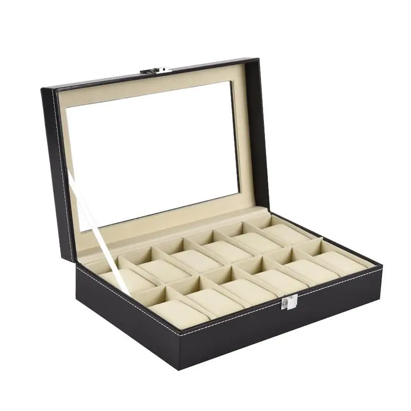 Hộp đựng đồng hồ 12 ngăn bằng da nắp kính sang trọng