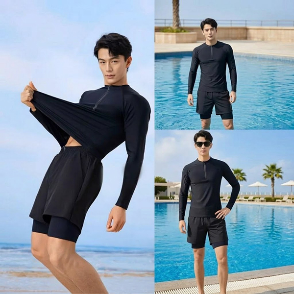 Bộ đồ bơi nam tay dài chống UV, quần đùi có dây rút