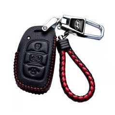 Bao da chìa khóa ô tô Huyndai 3 nút bấm kèm móc khóa, Màu đen chỉ đỏ