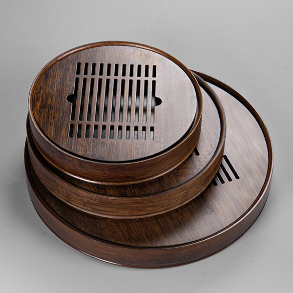 Khay trà tre tròn màu vân gỗ nâu sang trọng có khoang chứa nước